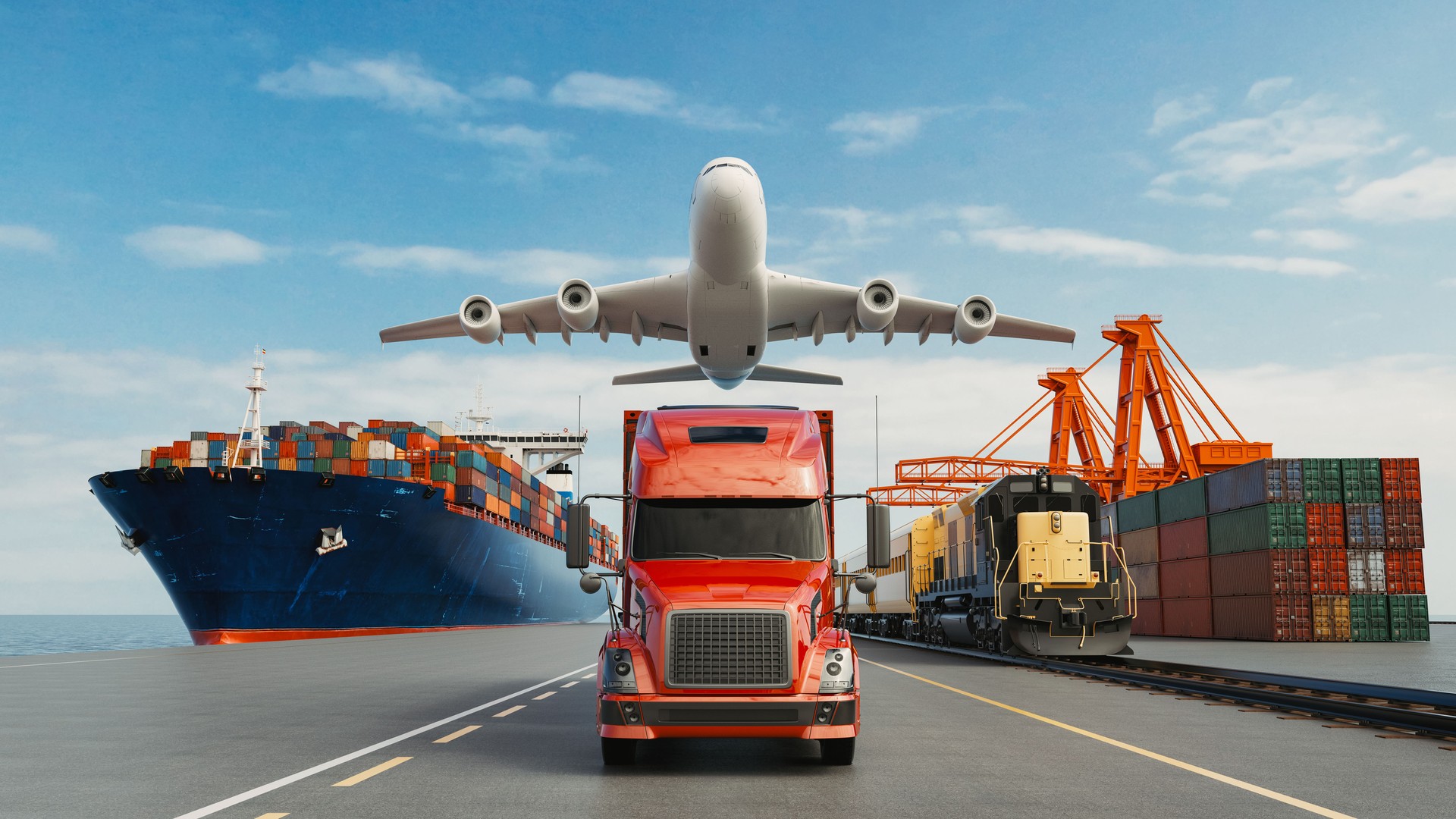 Logistics import export of containers cargo freight ship, truck transport container on highway at port cargo shipping dock yard , plane, transportation industry concept 3d render and illustration