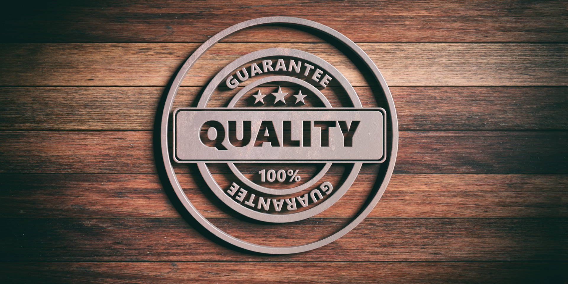Round metal sign with text quality on wooden background. 3d illustration
